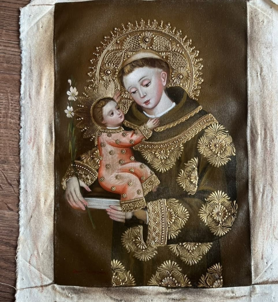 Cusqueña School “Saint Anthony with Child” – Andean Colonial Religious Painting