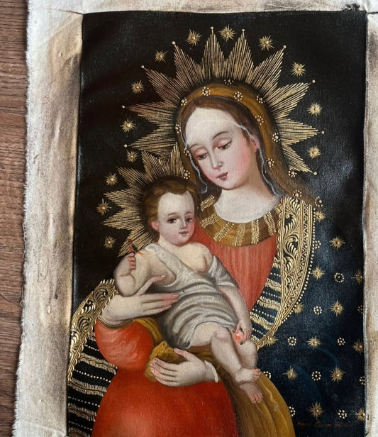 Cusqueña School Madonna & Child with Radiant Halo – Andean Colonial Painting