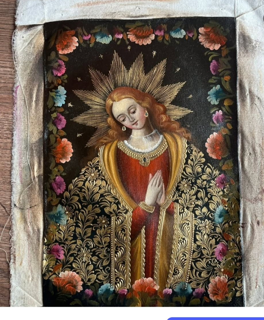 Cusqueña School “Praying Virgin” – Andean Colonial Religious Painting